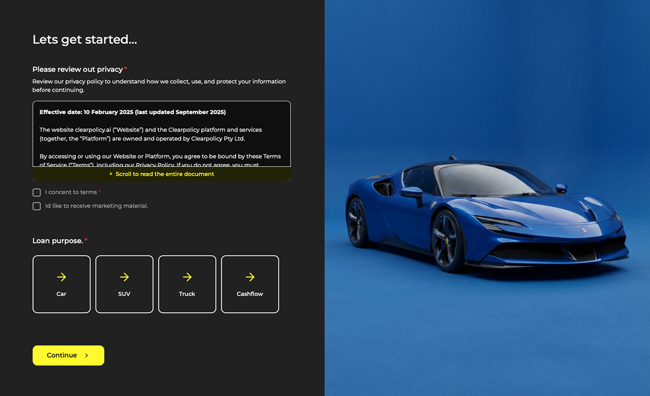 Dark-branded asset finance form with privacy consent and loan purpose tiles for car, SUV, truck, and cashflow