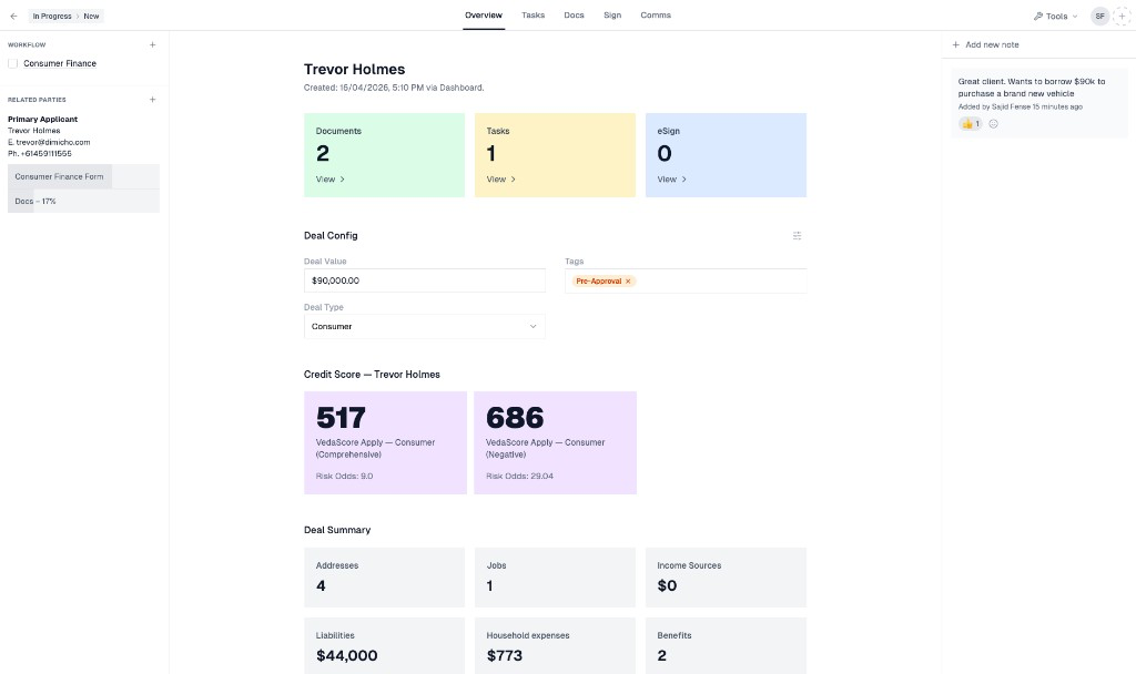 Client profile dashboard with deal config, credit scores, deal summary, workflow sidebar, and notes